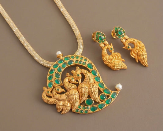Matte finish emerald peacock necklace set-dj07221
