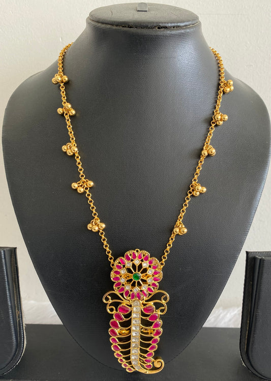 Gold tone pink-green-white kundan jadau mango flower necklace dj-53139