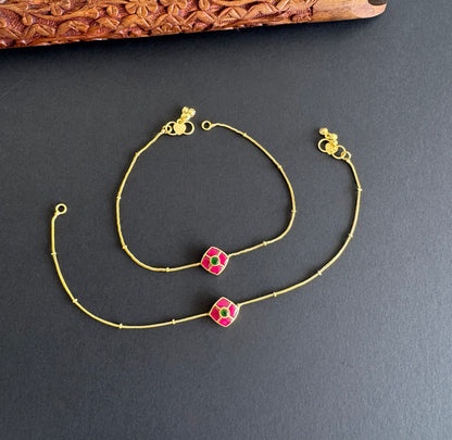 Gold tone pink-green flower kundan jadau anklets dj-51414