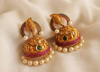 Matte finish ruby-emerald pearl mango jhumkka -dj08253