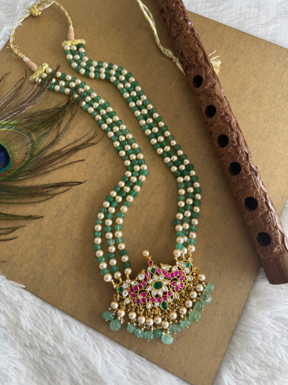 Matte finish pink-green-white kunan jadau agate peacock beaded short haar dj-51552