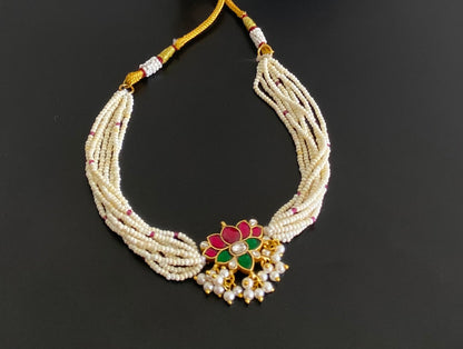 Gold tone pink-green-white kundan jadau lotus pearl choker necklace dj-54494