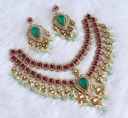 Antique gold tone cz pink- green double layer necklace set dj-53020
