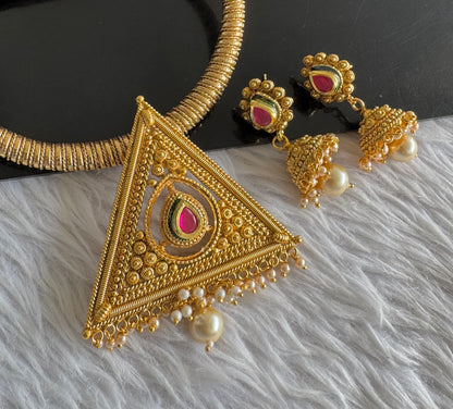 Antique gold tone Pink kante Triangle Necklace Set dj-51110