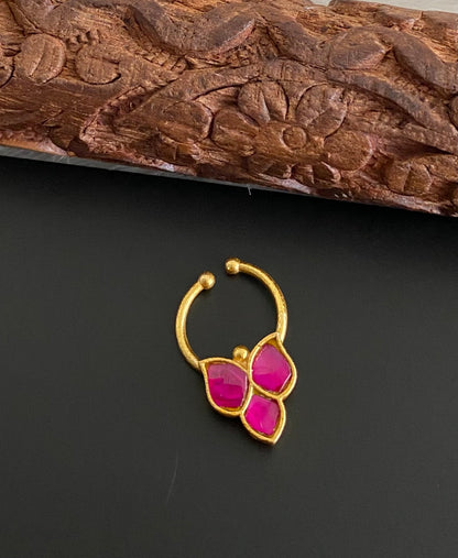 Gold tone kundan jadau pink stone nose pin/bulakku dj-53746