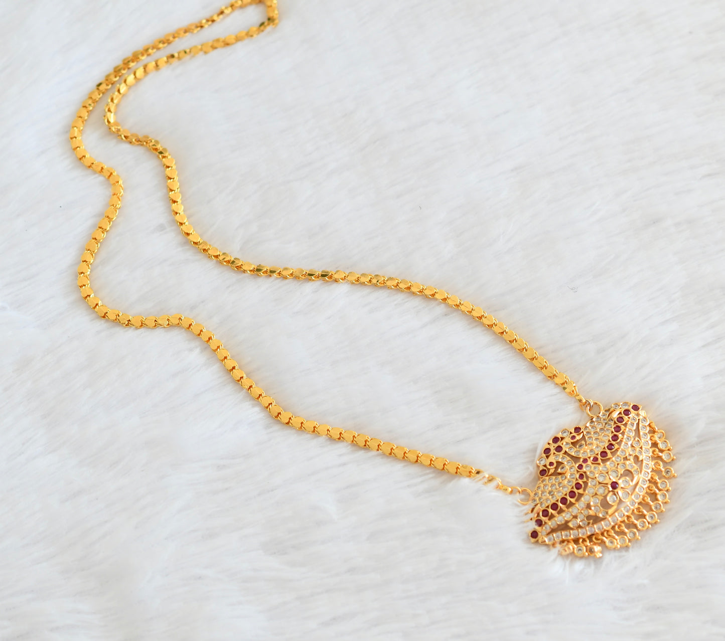 Gold tone AD pink-white peacock pendant with chain dj-53345