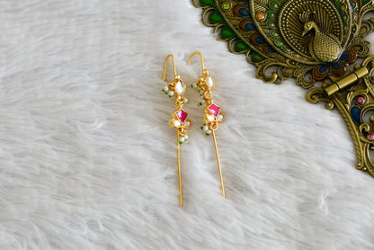 Gold tone pink-green-white kundan jadau flower bugadi needle earrings dj-52455