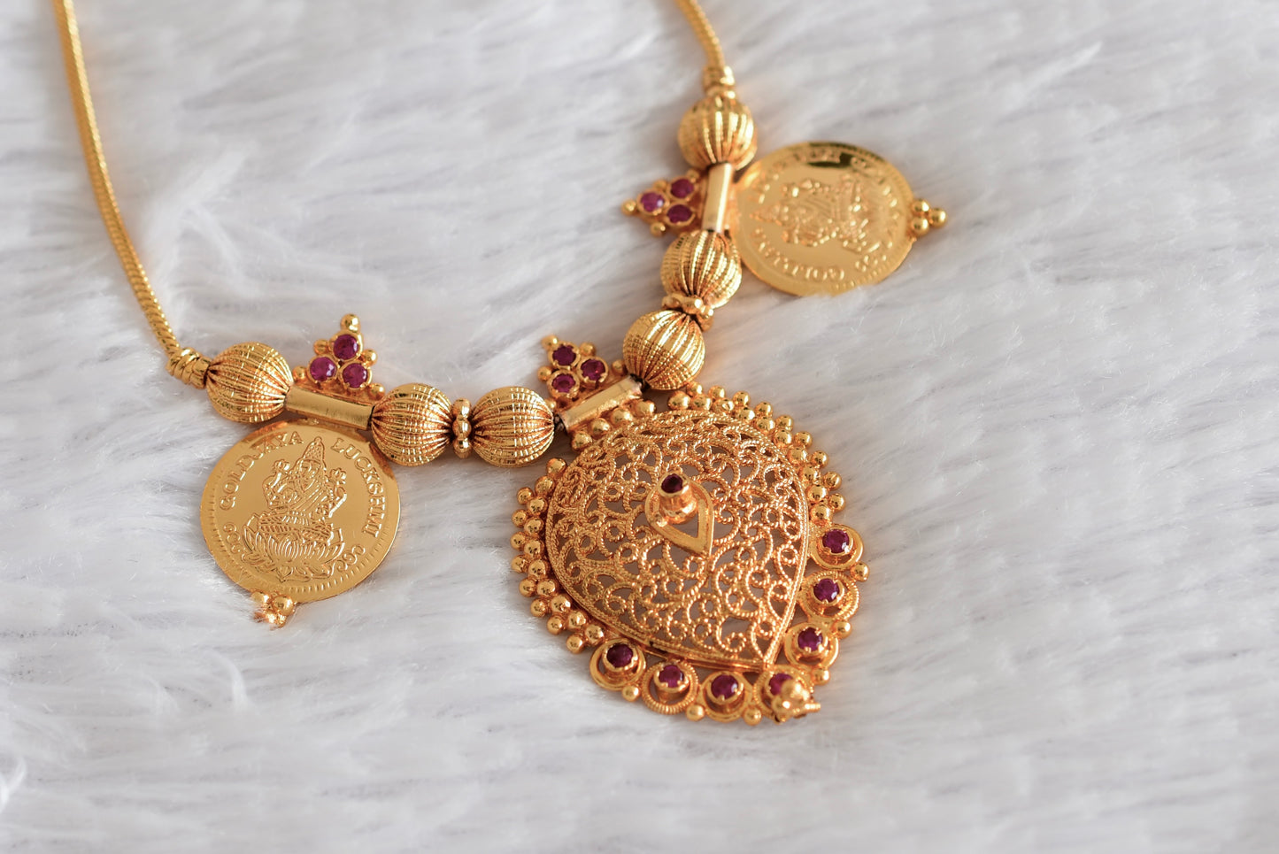 Gold tone AD pink lakshmi coin necklace dj-51845