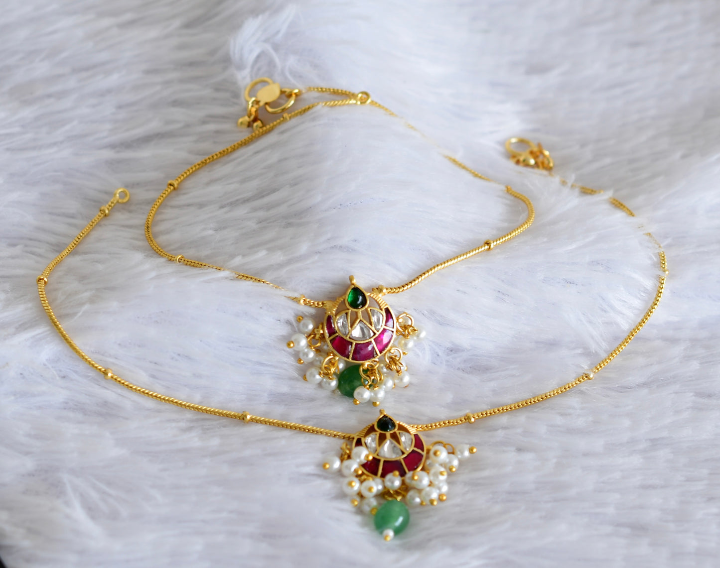 Gold tone pink-white-green kundan jadau anklets dj-52404
