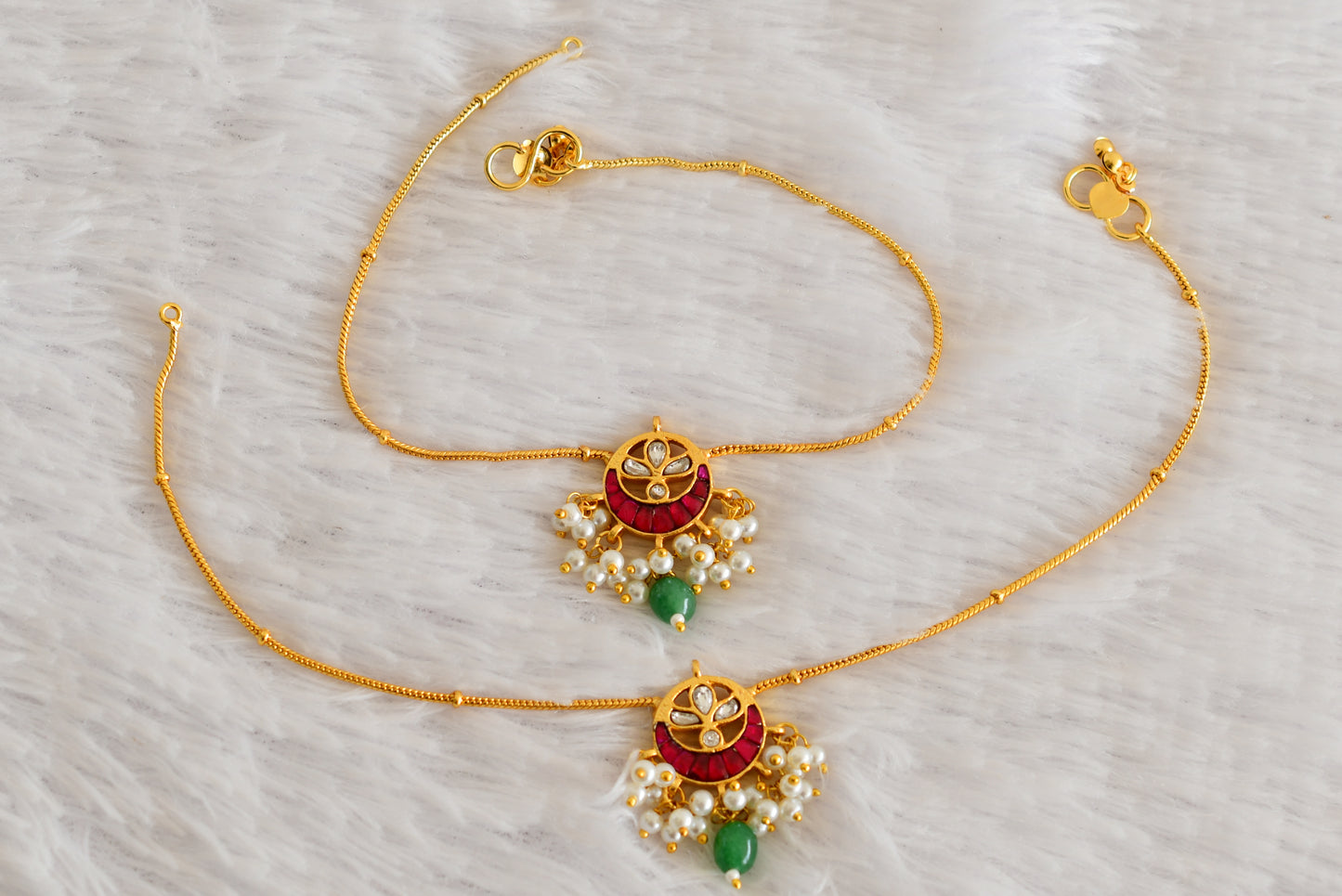 Gold tone pink-green pearl kundan jadau anklets dj-52386