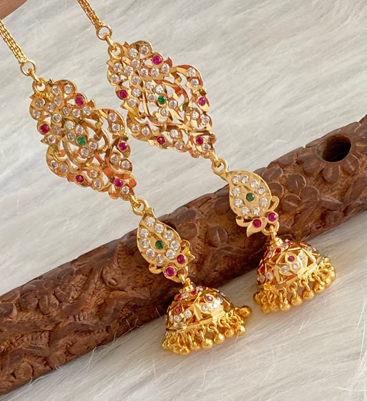Gold tone AD pink-green south Indian mango jhumkka with ear side chain dj-53691