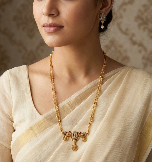 Antique gold tone 18 inches chain thirumal nama-peacock-lakshmi pendant set dj-55009