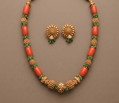 Antique gold tone flower coral-green nakshi beaded necklace set dj-52696