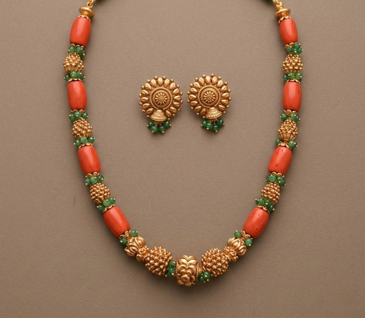 Antique gold tone flower coral-green nakshi beaded necklace set dj-52696