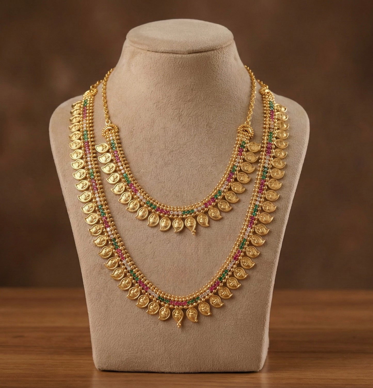 Gold Tone Cz Ruby-green Lakshmi Mango Combo Set dj-31577