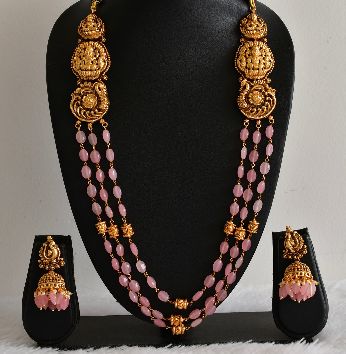 Antique gold tone baby pink beaded lakshmi peacock multi layer haar set dj-52426