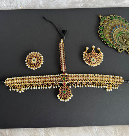 Gold tone precious kemp-green-white pearl maang head set with sun moon dj-52268