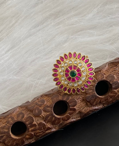 Gold tone pink-green-white kundan jadau round finger ring dj-54321
