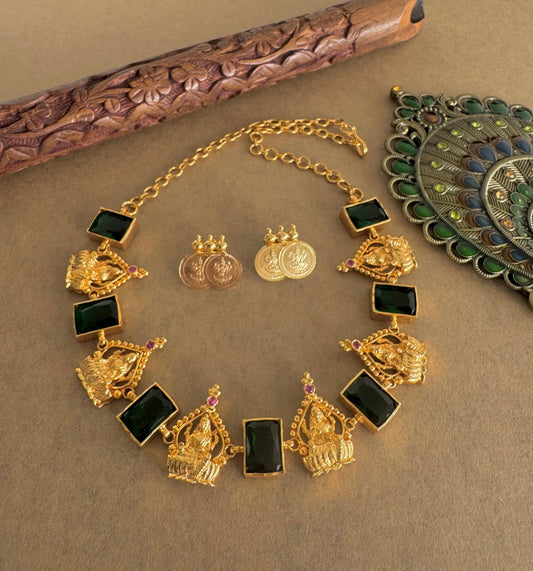 Gold tone pink-green big block stone Lakshmi necklace set dj-52093