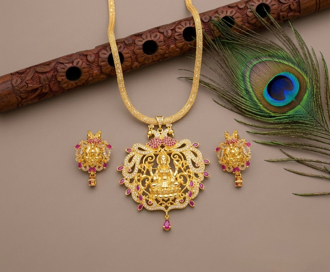 Gold Tone cz ruby lakshmi-peacock necklace set dj-06306