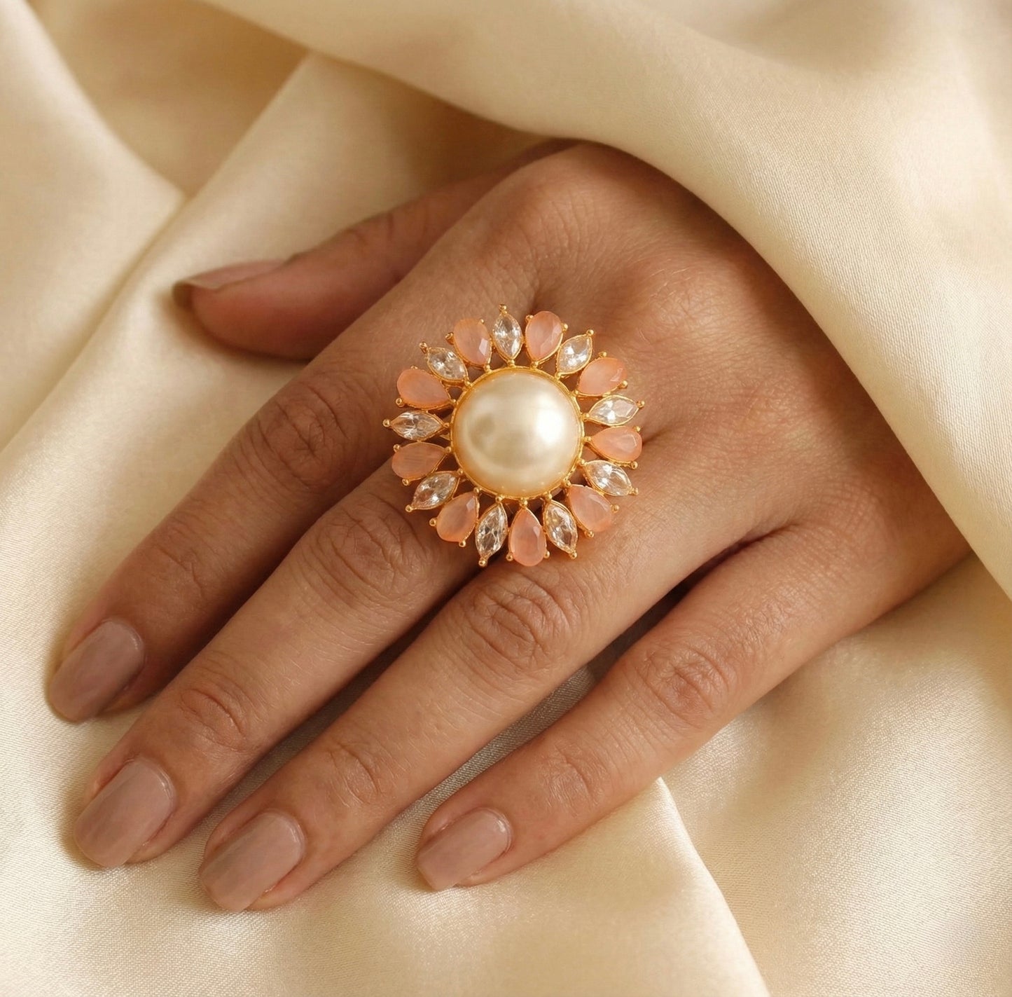 Gold tone Baby Pink pearl Finger Ring-dj17051