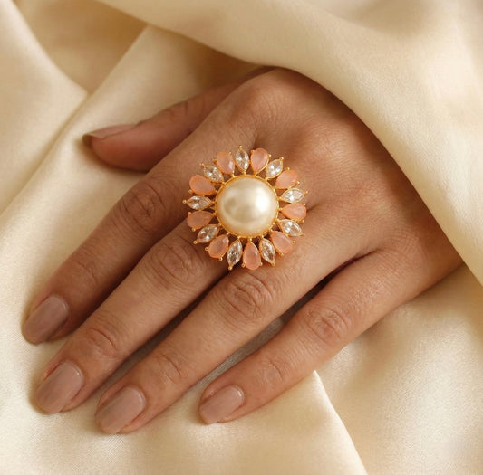 Gold tone Baby Pink pearl Finger Ring-dj17051