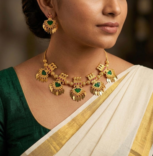 Gold tone kerala style pink-green palakka elakka necklace set dj-54550