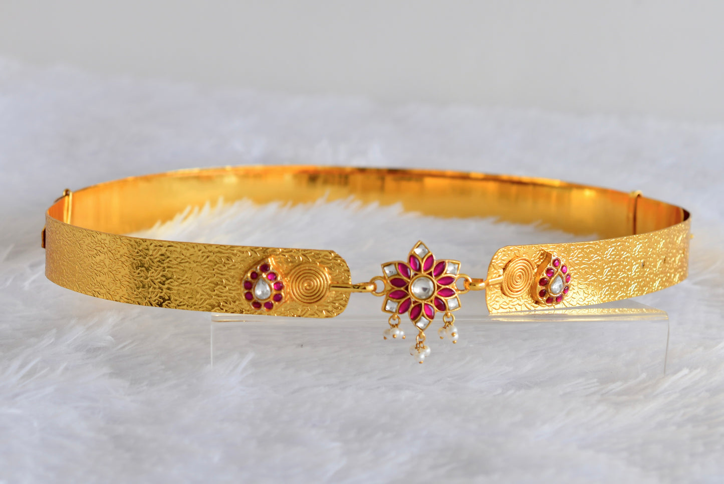 Gold tone pink-green-white kundan jadau flower mango waist band dj-52172