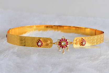 Gold tone pink-green-white kundan jadau flower mango waist band dj-52172