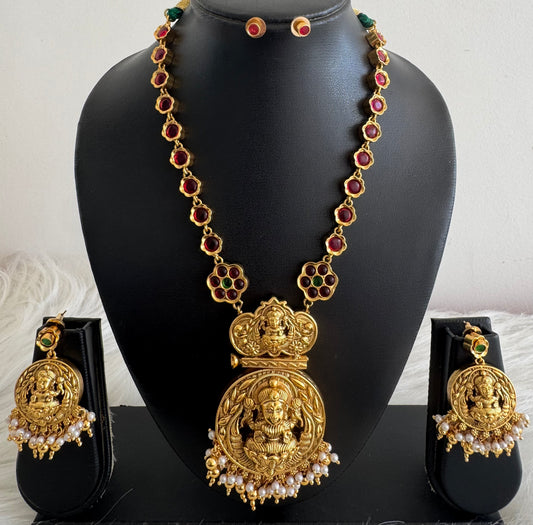 Matte finish kemp-green reversible flower Lakshmi necklace set dj-51215