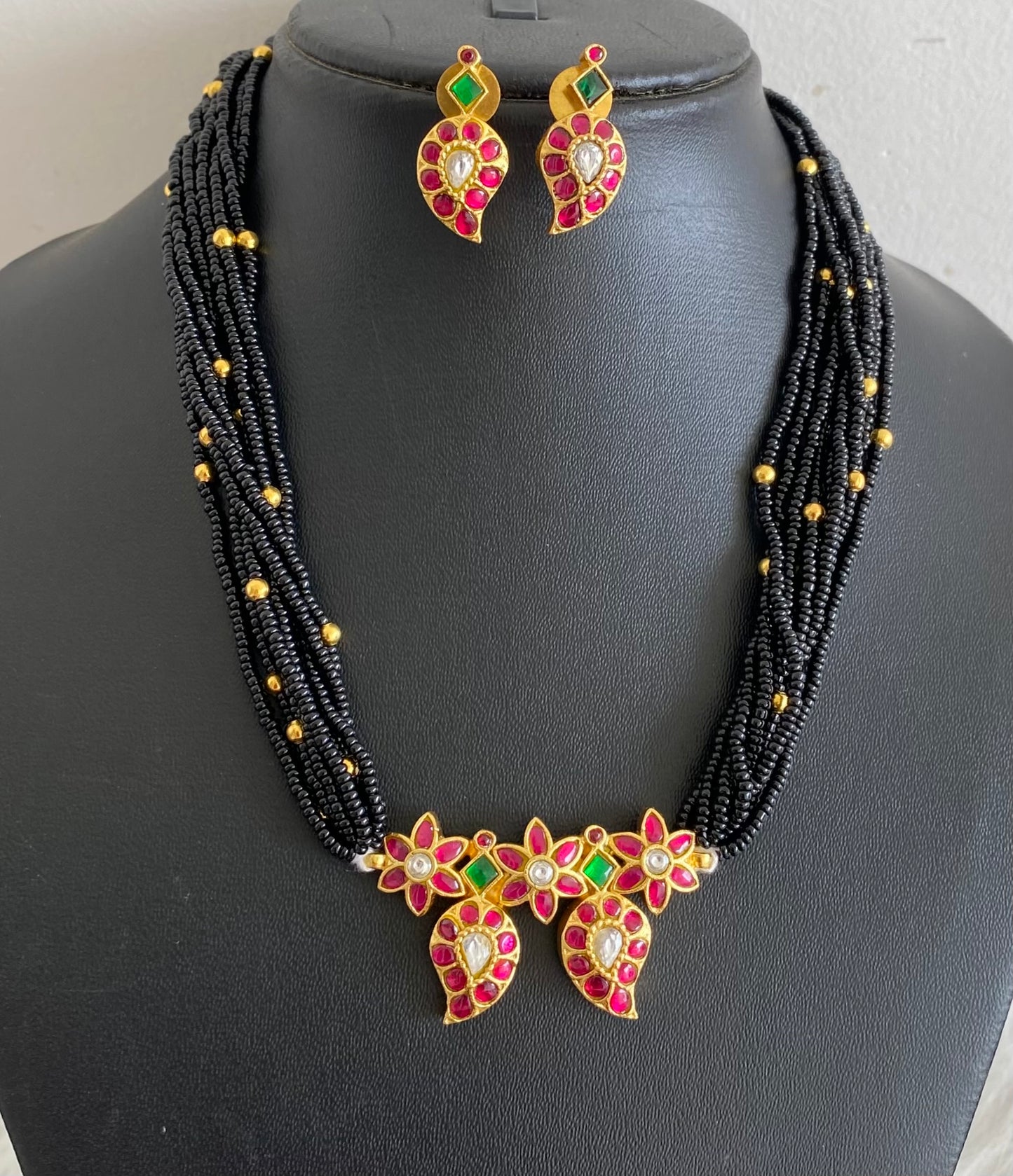 Antique gold tone pink-green-white kundan jadau mango 18 inch mangalsutra set dj-54177