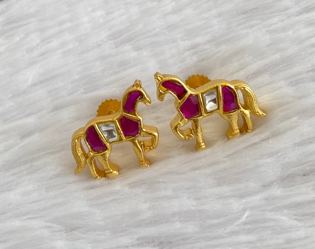Gold tone pink-white kundan jadau horse earrings dj-53540