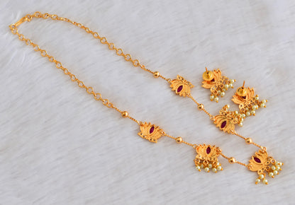 Gold tone white-pink lotus pearl necklace set dj-53335