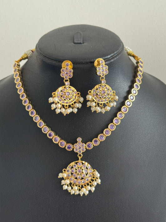 Gold tone AD purple south indian style attigai/necklace set dj-45882