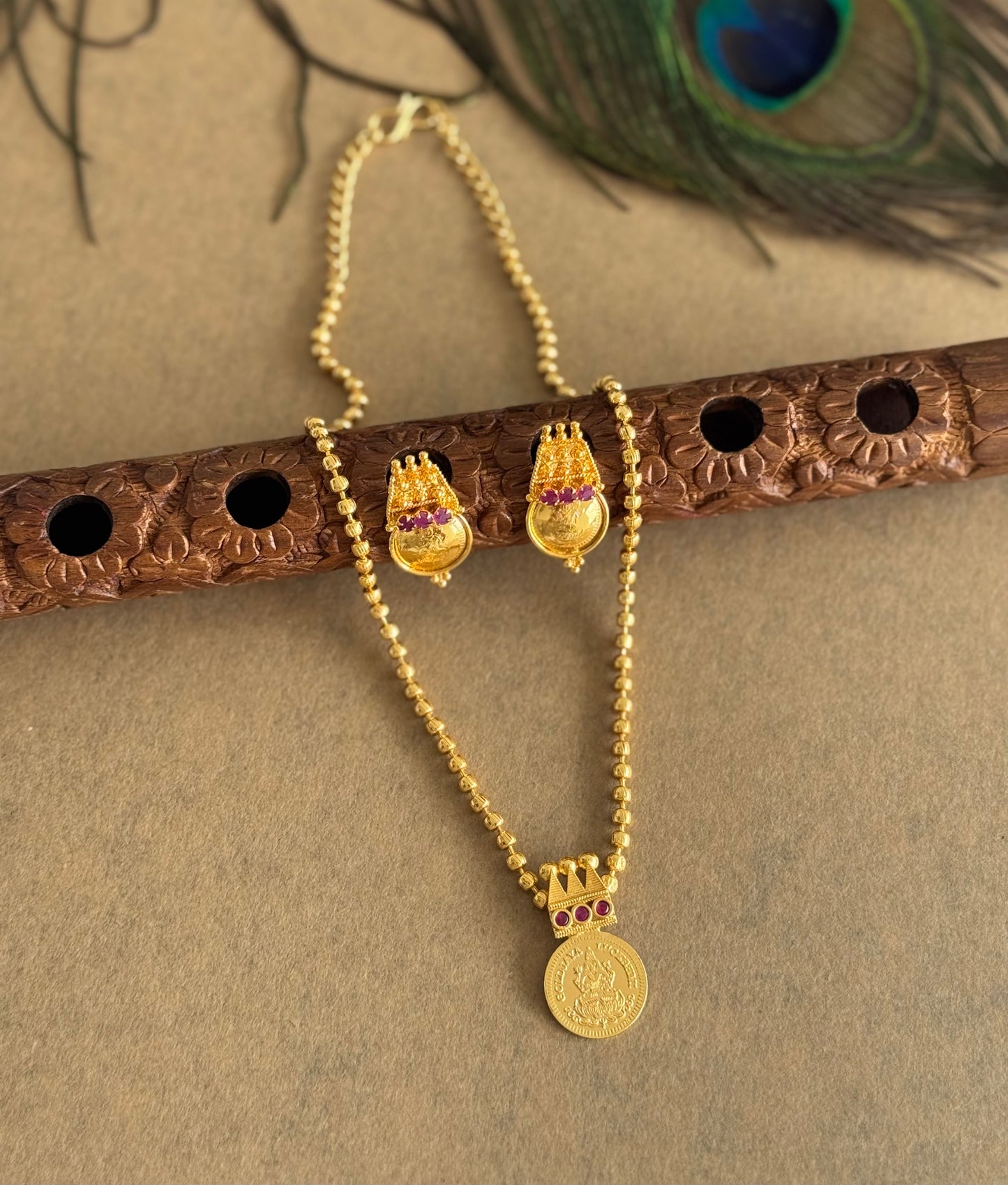 Gold tone pink stone lakshmi coin necklace set dj-51679