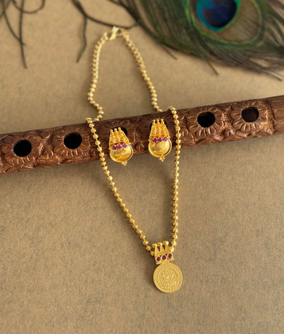 Gold tone pink stone lakshmi coin necklace set dj-51679