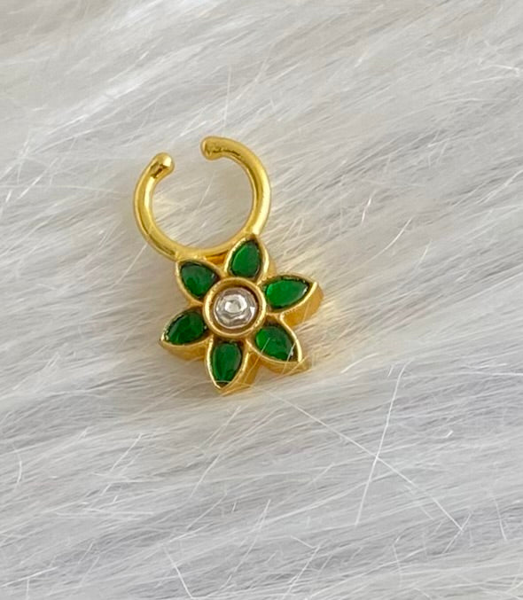 Gold tone kundan jadau green-white stone flower nose pin/bulakku dj-53775