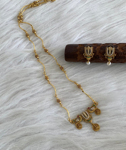Antique gold tone 18 inches chain thirumal nama-peacock-lakshmi pendant set dj-55007