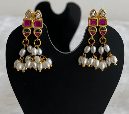 Gold tone pink-green-white stone pearl kundan jadau earrings dj-53559