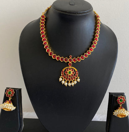 Gold tone kemp-green pearl flower necklace set dj-53514