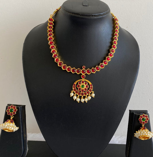 Gold tone kemp-green pearl flower necklace set dj-53514