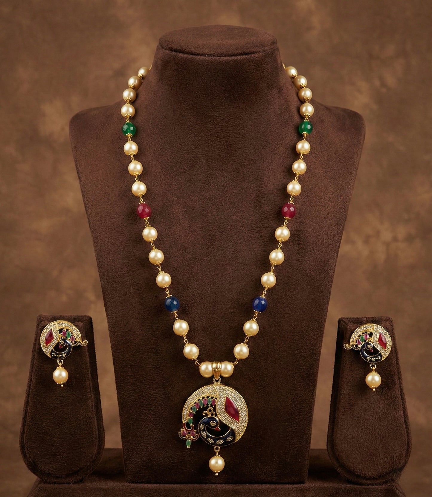 Gold tone meenakari peacock pearl beaded necklace set dj-52624