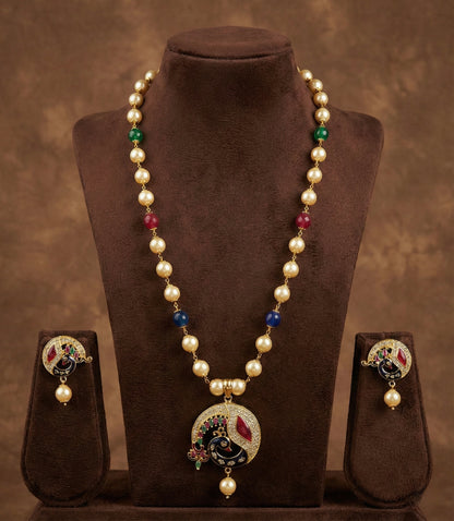 Gold tone meenakari peacock pearl beaded necklace set dj-52624