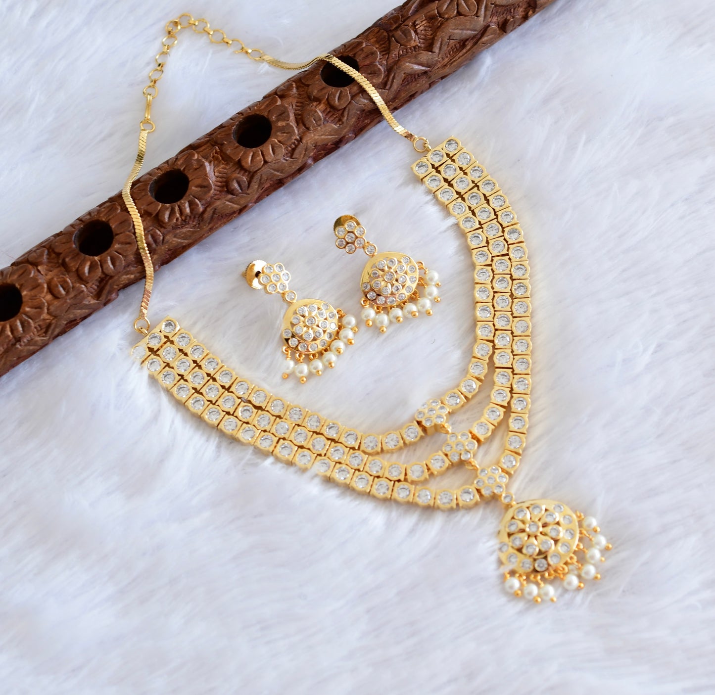 Gold tone AD white south indian style layer necklace set dj-53340