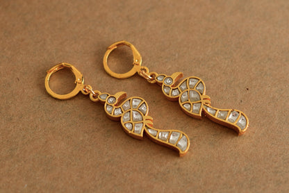 Gold tone white kundan jadau peacock hook earrings dj-51989