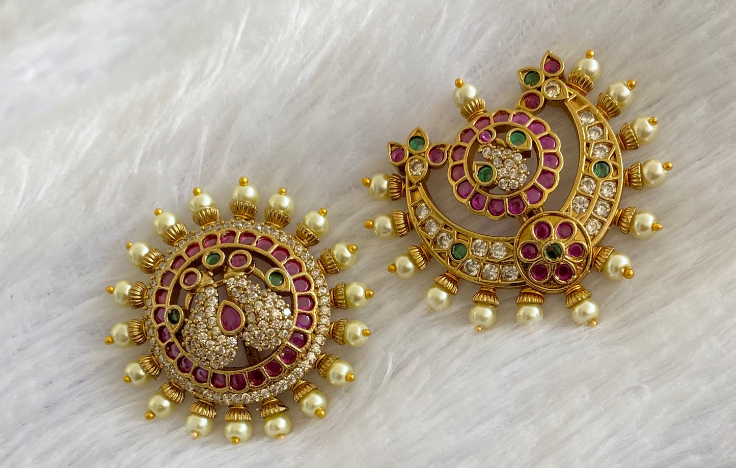 Antique gold tone kemp-green-white peacock pearl sun moon hair jewel dj-53652