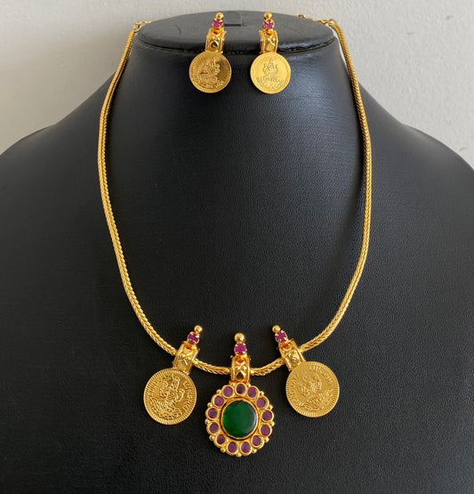 Gold tone pink-green stone lakshmi coin necklace set dj-54123