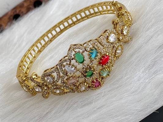 Antique gold tone flower navarathna openable kada/bracelet dj-53975