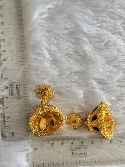 Gold tone pink-green Nagapadam Kerala style 8 petal jhumkka dj-40301