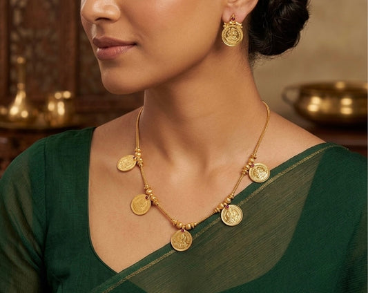 Gold tone pink stone lakshmi coin necklace set dj-54143
